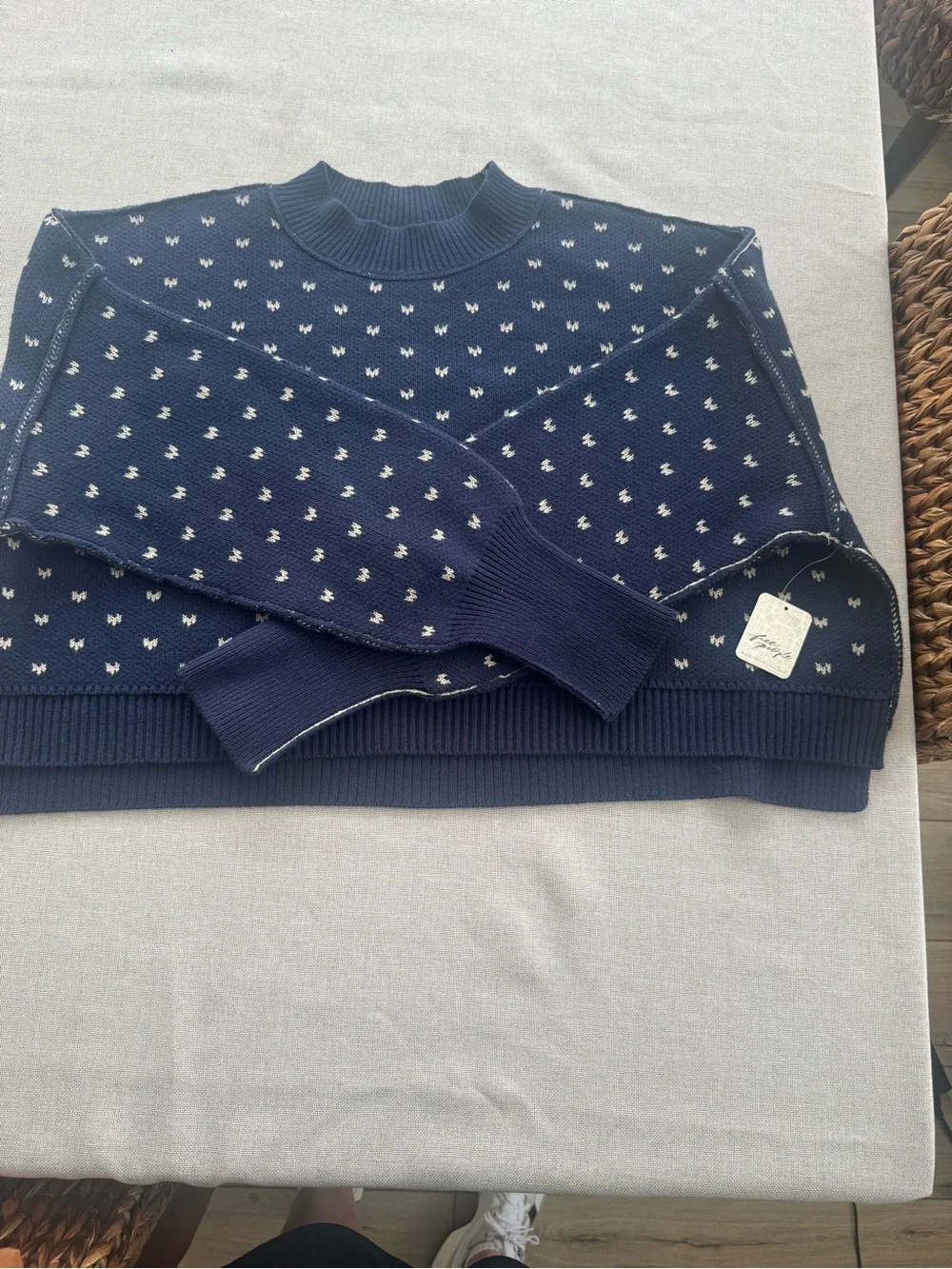 NWT Free People Navy and White Patterned Crop top Turtleneck Sweater Sz S